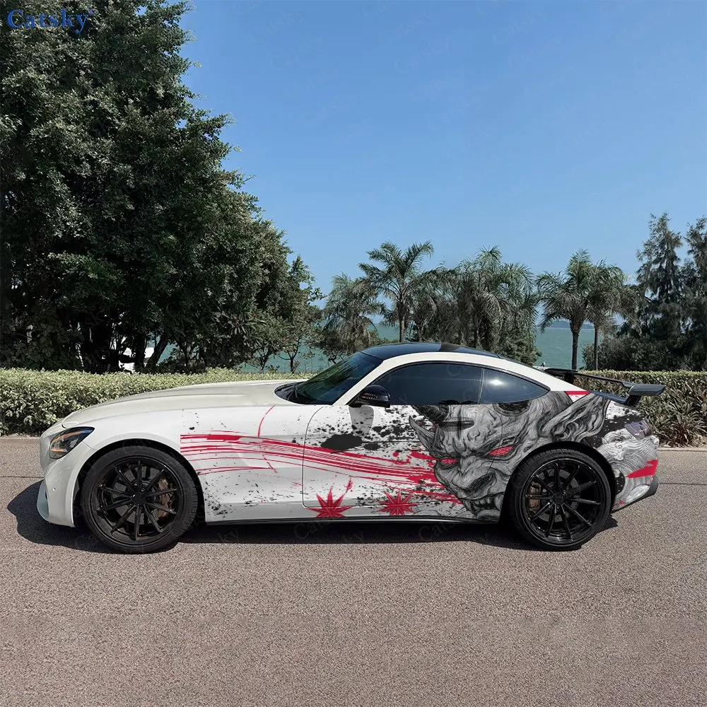 2pcs Blood Splatter Demon Face Wave Car Side Wrap, Self-Adhesive PVC Waterproof & Scratch-Resistant Stickers, Car Accessory Gift