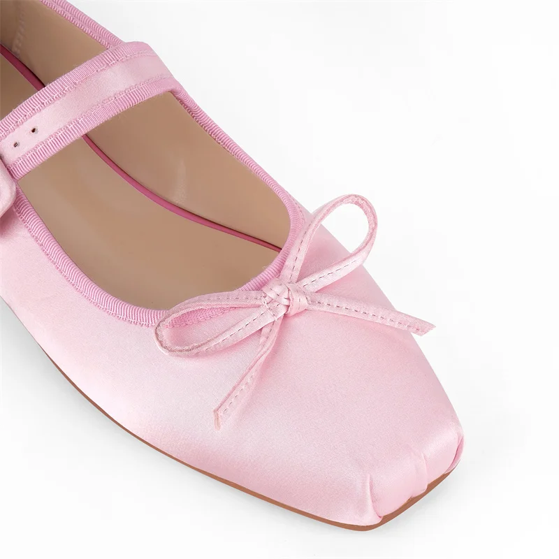 Onlymaker Women Square Toe Bow Flats Strap Retro Elegant Big Size Spring Autumn Comfortable Satin Buckle Strap Ballet Flats