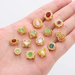 Copper Plated Gold Color Inlaid Glass/Cat Eye Spacer Beads Metal Loose Beads Charms For Jewelry Making Bracelets DIY Accessories