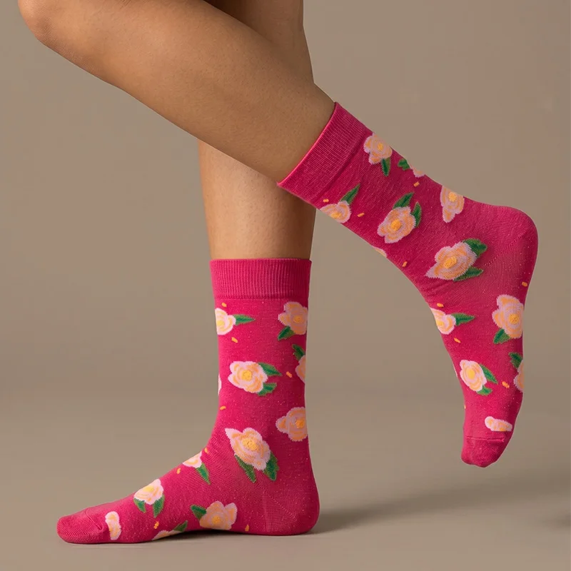 1 Pair, Unisex, Rose Red with Yellow and White Rose Flower Pattern, Solid Color Ribbed Cuff, Polyester, Breathable, Fun, Mid-Calf Socks, Suitable for Everyday Wear