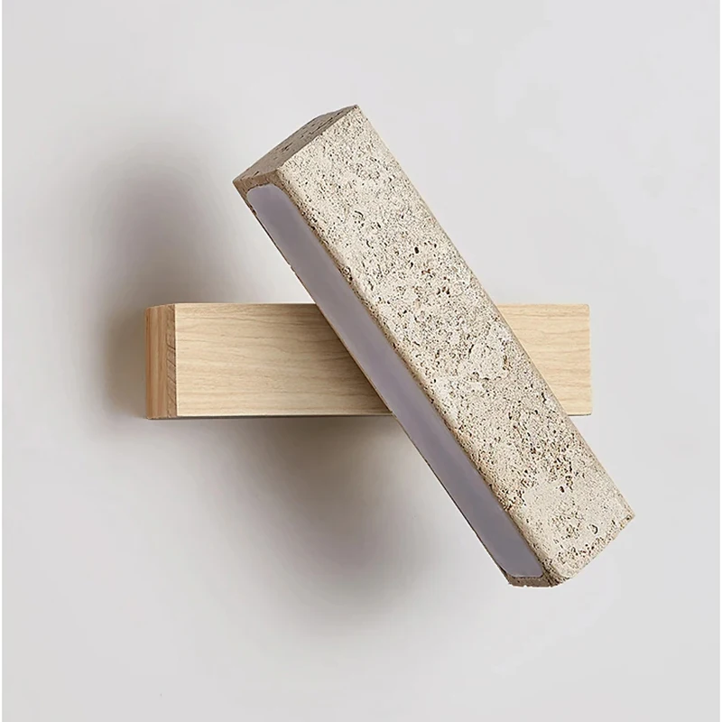 Japanese Wabi-Sabi Yellow Travertine Wall Light With Pull Chain Switch, Rotable LED Wood Stone Lamp for Bedside Apartment