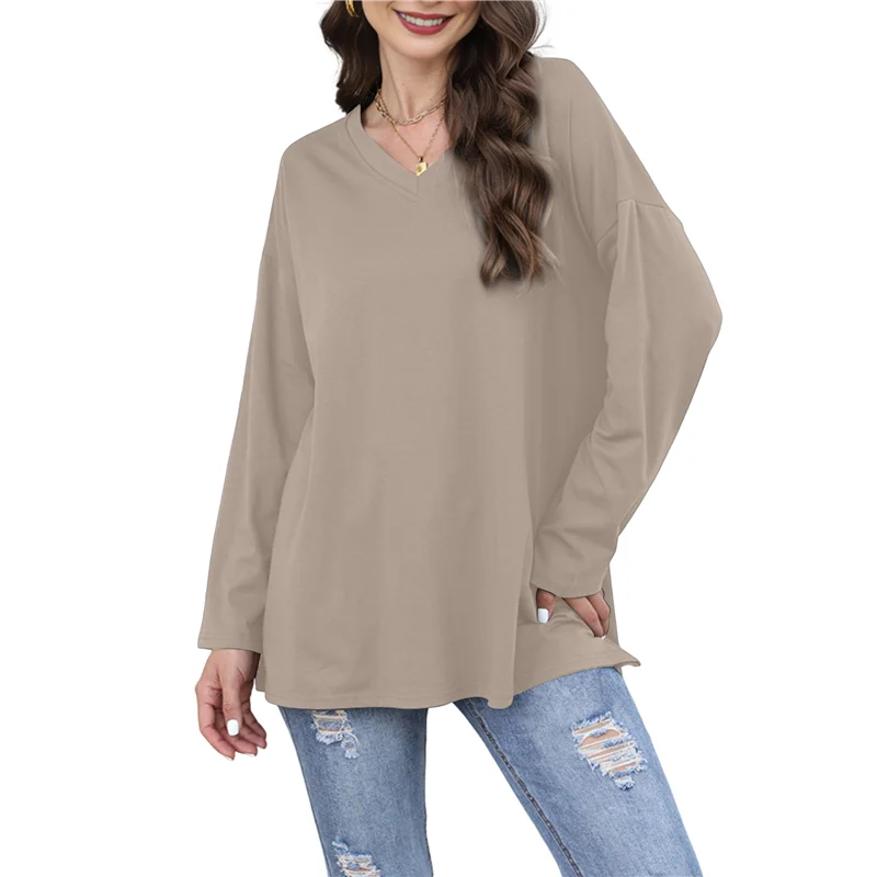 

Womens Tops Long Sleeve V Neck Casual Tunic Tops Basic Shirts Loose Fit Blouse Apricot S-A55G