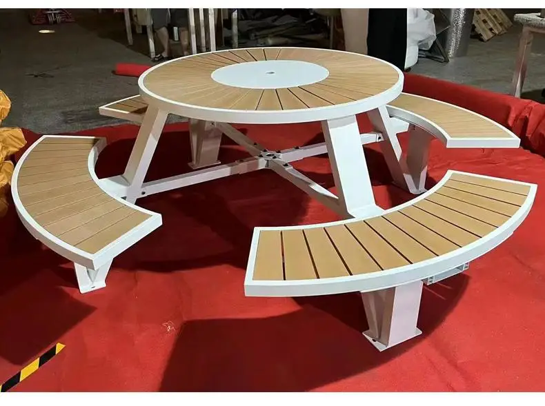 Wholesale Modern 8-Seat Garden Wooden Picnic Bench Durable Outdoor Dining Furniture Aluminum Frame Wood Picnic Table for Hotels