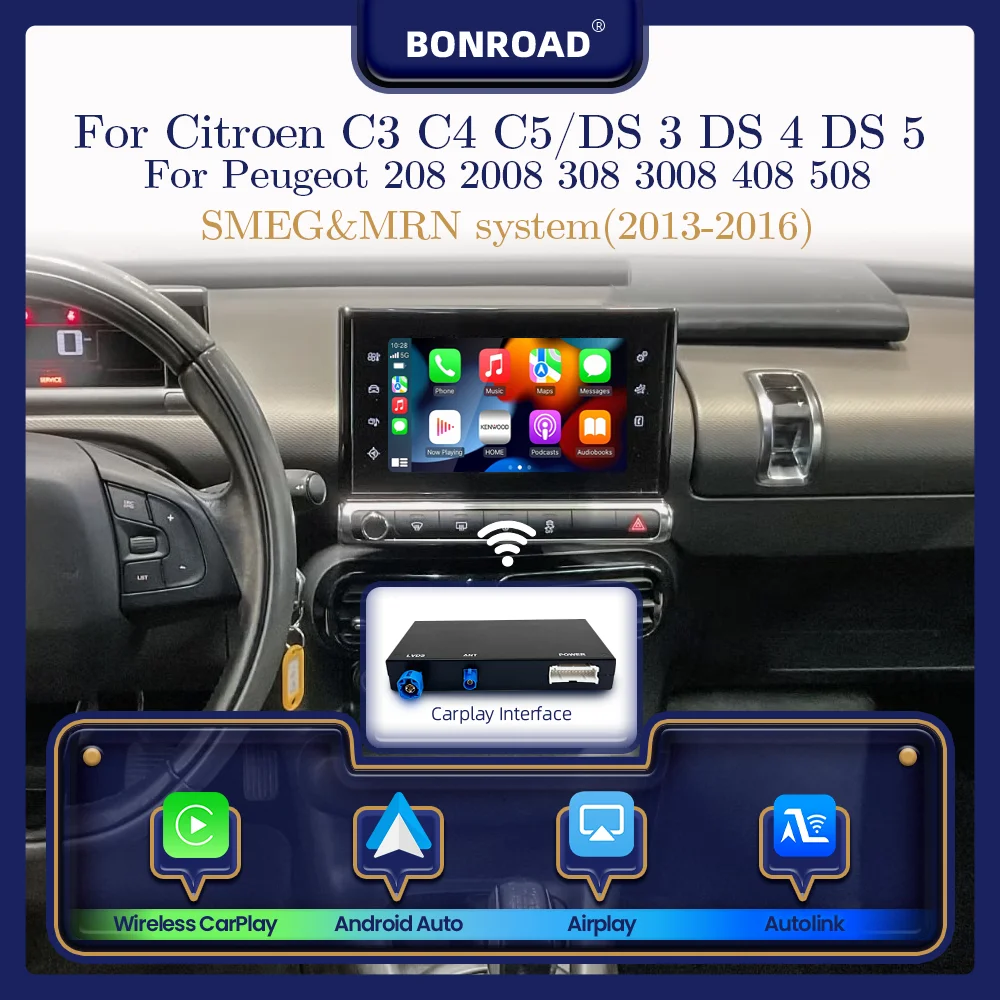BONROAD Adapter voor Peugeot Citroen SMEG MRN Draadloze Carplay Android Auto Module 208 2008 308 3008 408 508 C3 C4 C5 DS3 DS4 DS5 - afbeelding 2