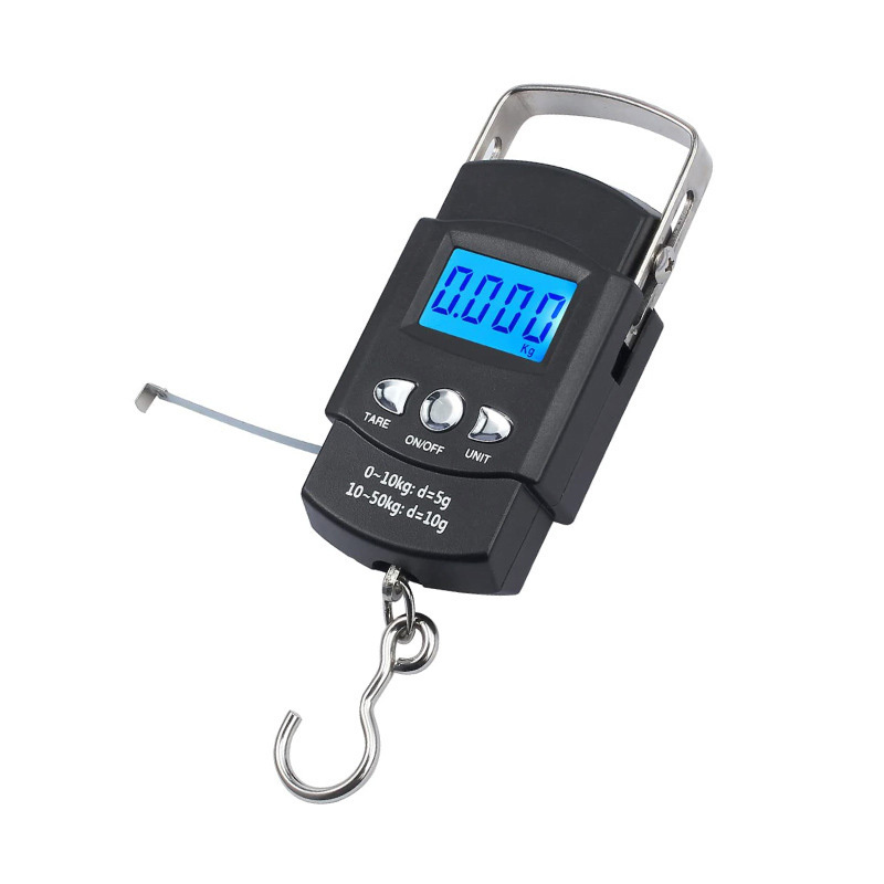  50kg/10g Portable LCD Electronic Hand Scale Travel Hanging Scale with 100cm Long Retractable Measuring Tape 