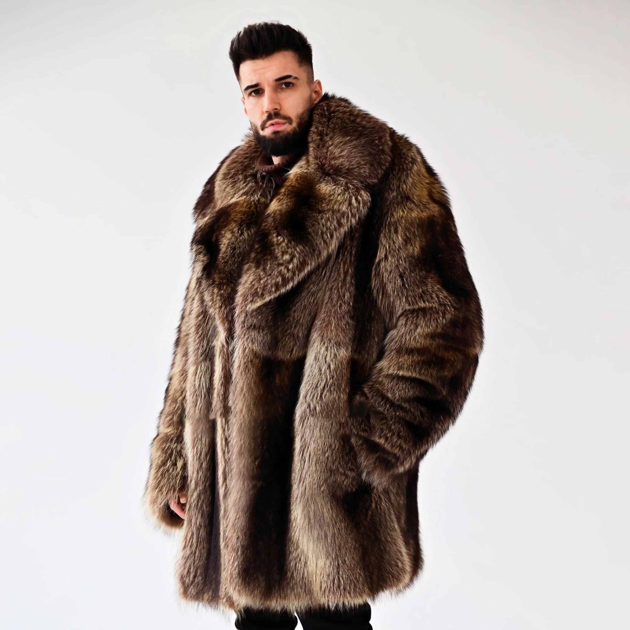 New Luxury Sable Color Men Real Raccoon Fur Long Coat Winter Warm Raccoon Fur Full Pelt Overcoat Natural Genuine Fur Outwear