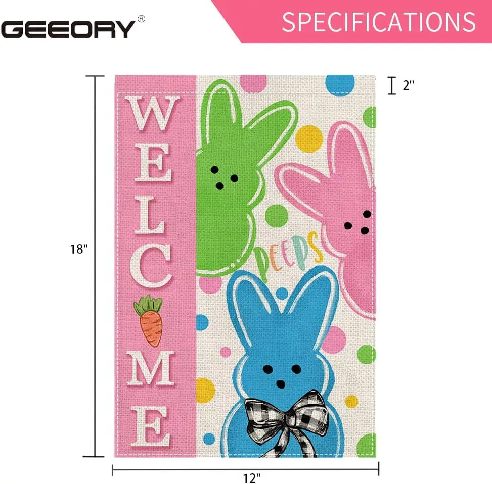 GEEORY Easter Bunny Peeps Garden Flag 12x18 - Double Sided Burlap Farmhouse Welcome Flag for Spring Yard Lawn Outdoor Decor WWP