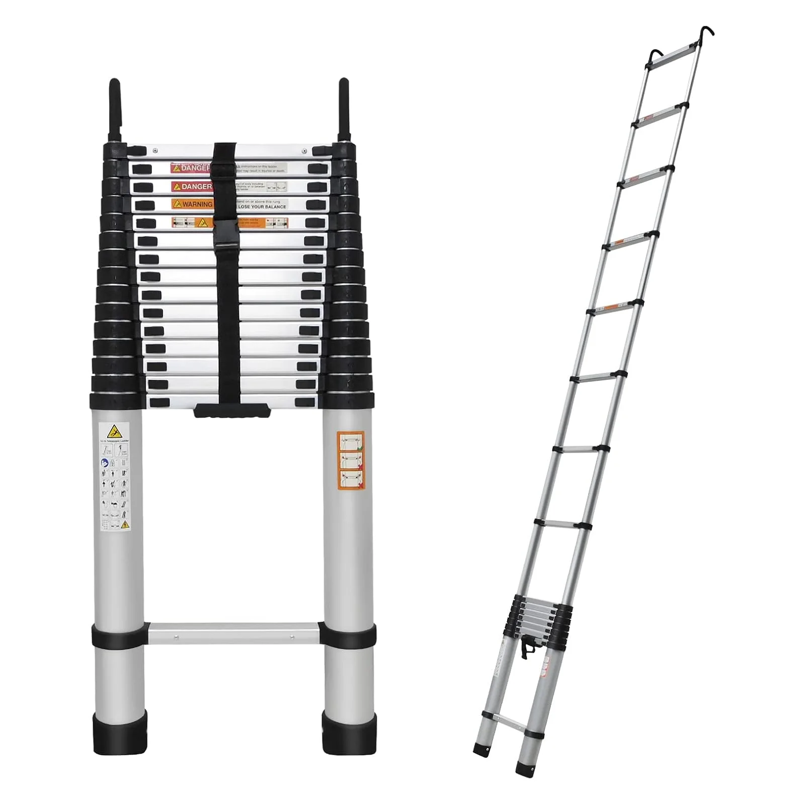 6,2 m lange aluminium telescoopladder met haak, hoogteverstelbaar - geschikt voor buiten- en garage werkzaamheden