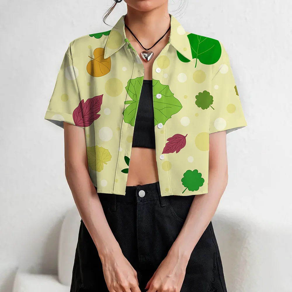 Trendy Green Leaves Printed Tee Fashion Crop Tops Button Front Shirts Casual Lapel Short Sleeve Shirts Spring & Summer For Lady