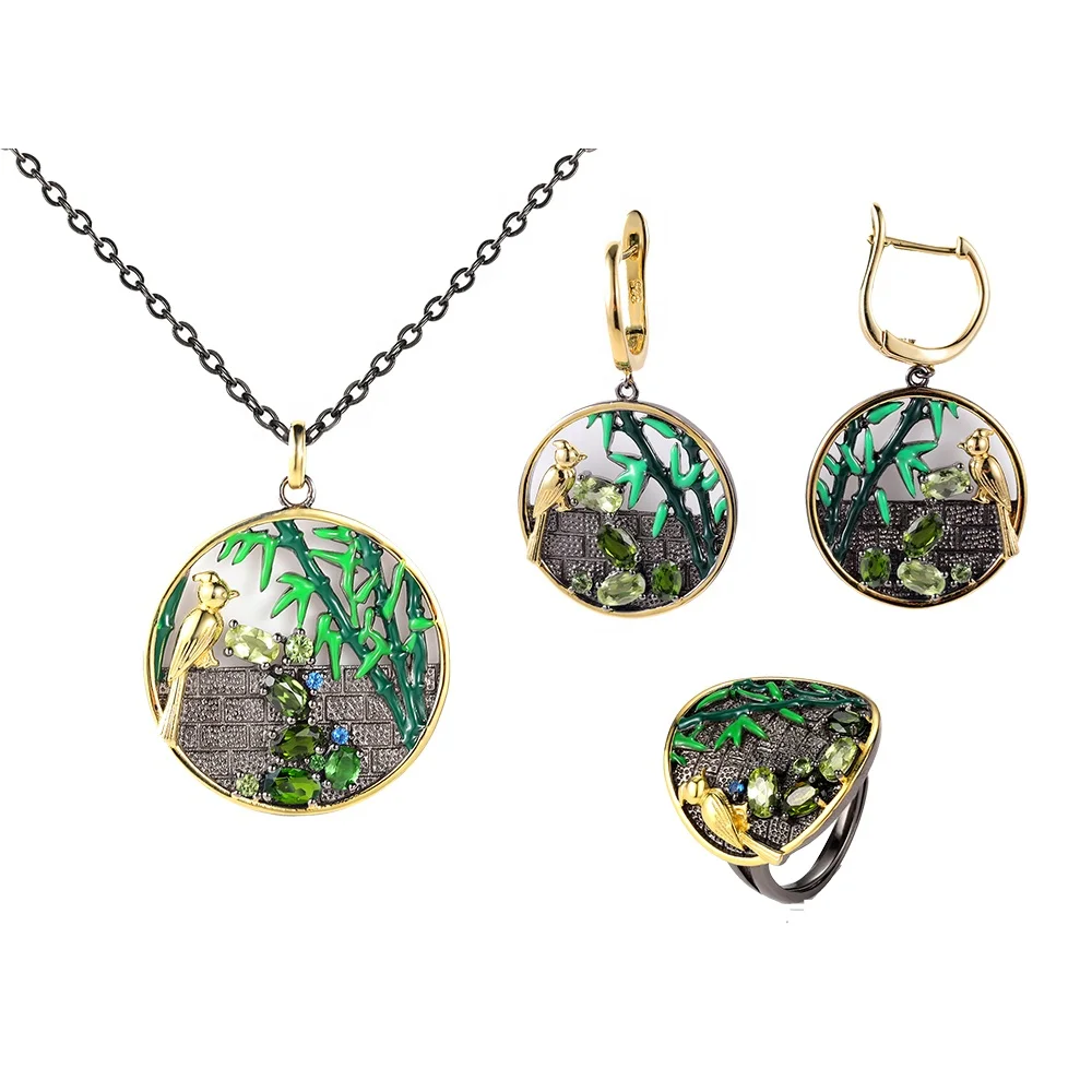 

C7929 Abiding Wholesale 925 Sterling Silver Bird Bamboo Pattern Natural Peridot Chrome Diopside Gemstone Jewelry Set