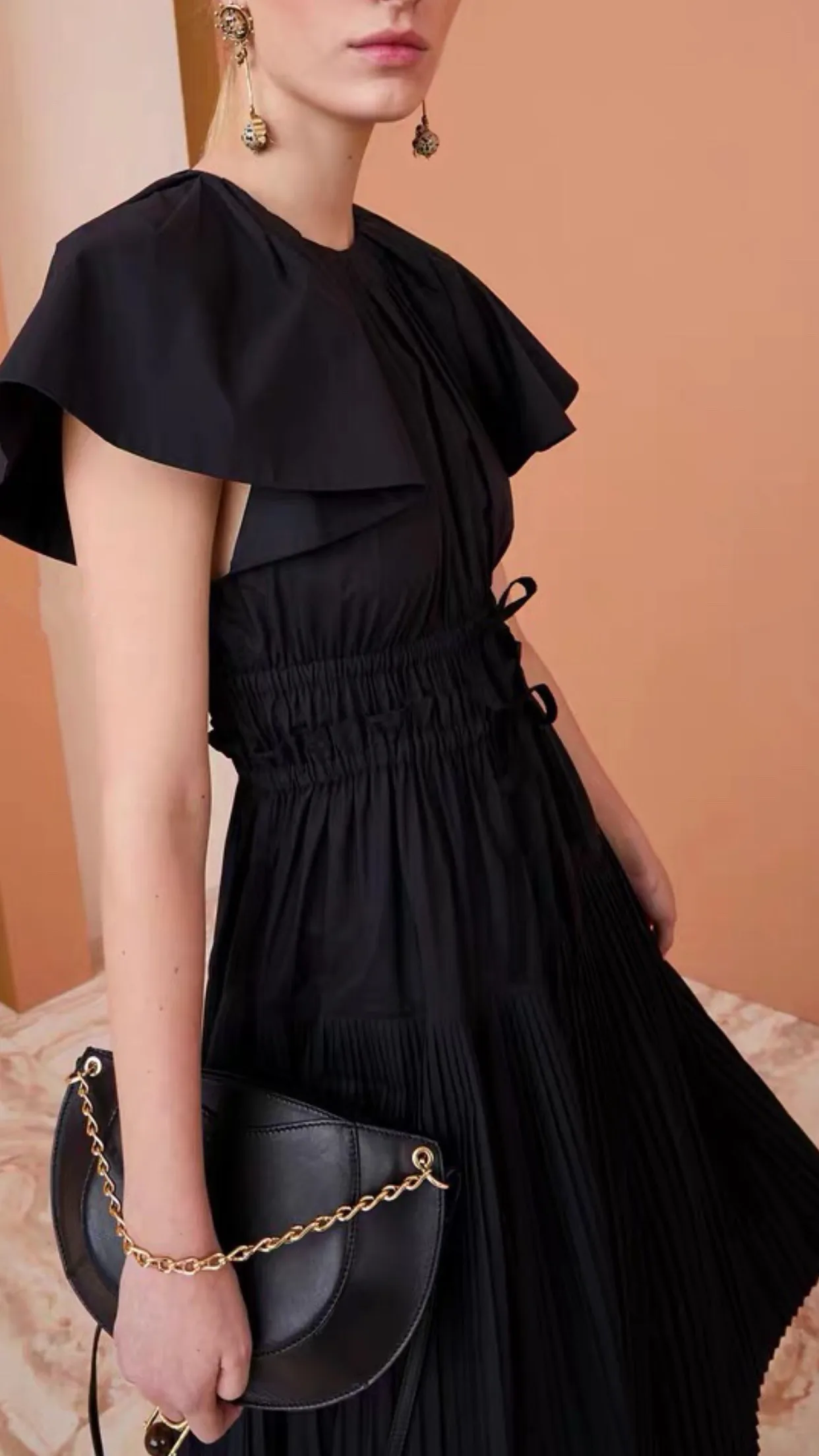 Women Pleated Waist Drawstring Flying Sleeve Casual Midi Dress