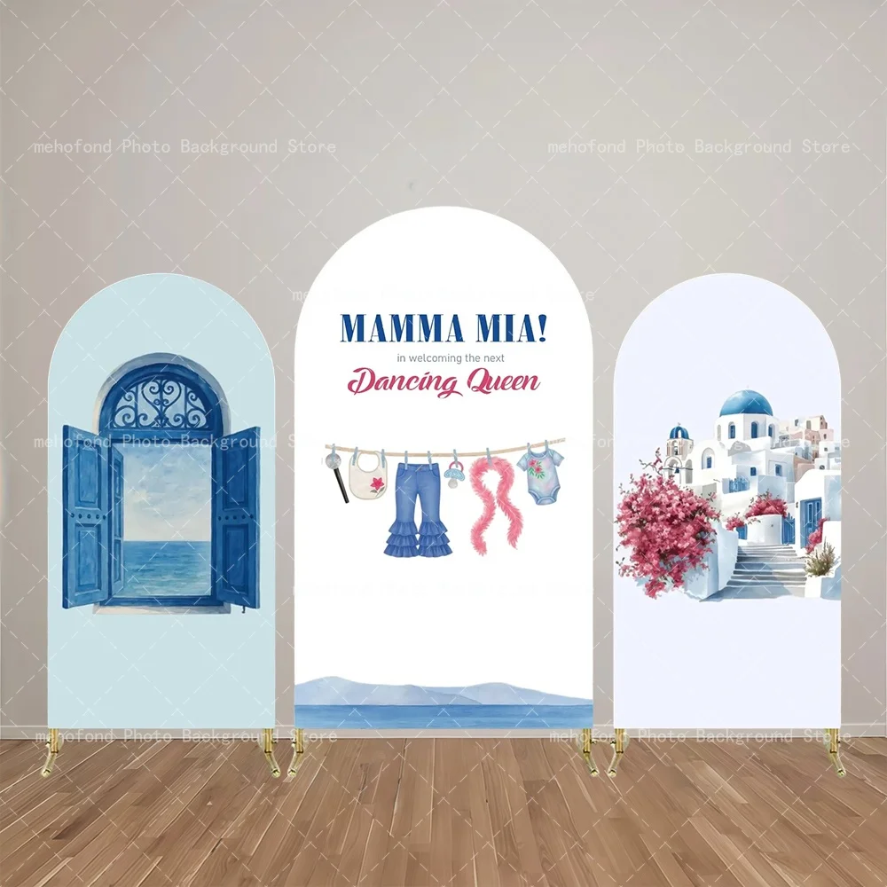Mehofond Fondo de arco MAMMA MIA Retro Azul con persianas talladas, Ropa de bebé, Baby Shower, Triángulo rojo, Decoración de fondo para fotos con motivos de ciruelas