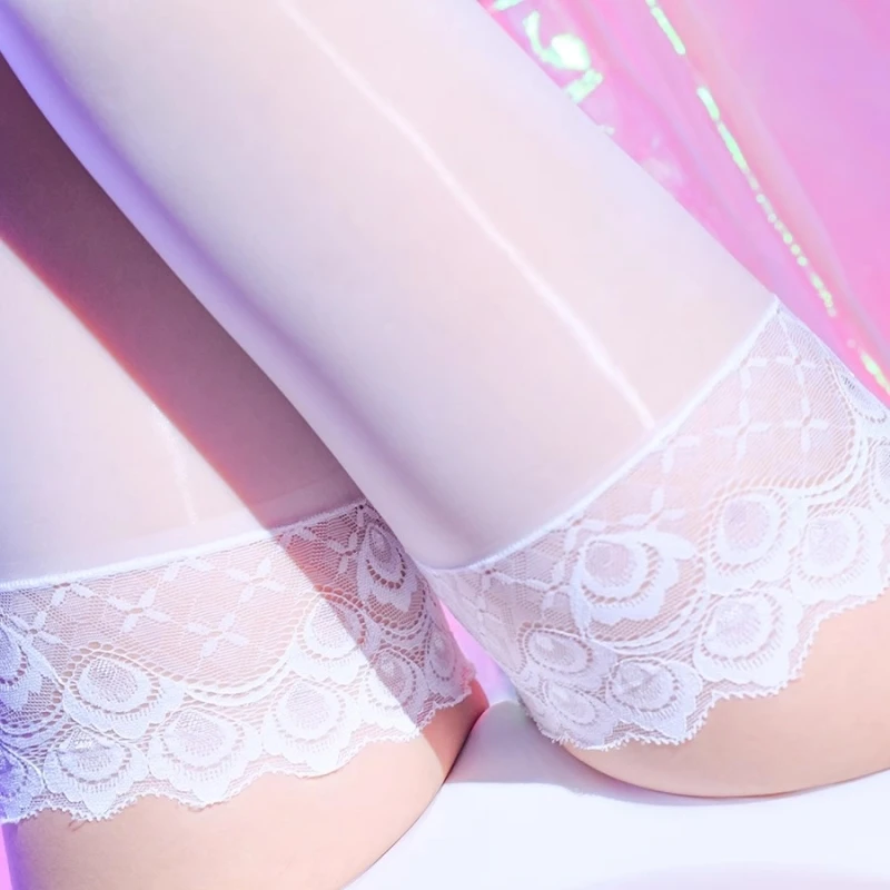 Vintage Oil Shiny Peacock Feather Lace Top Silicone Hold Up Thigh High Stockings 8D Ultrathin Transparent Party Socks