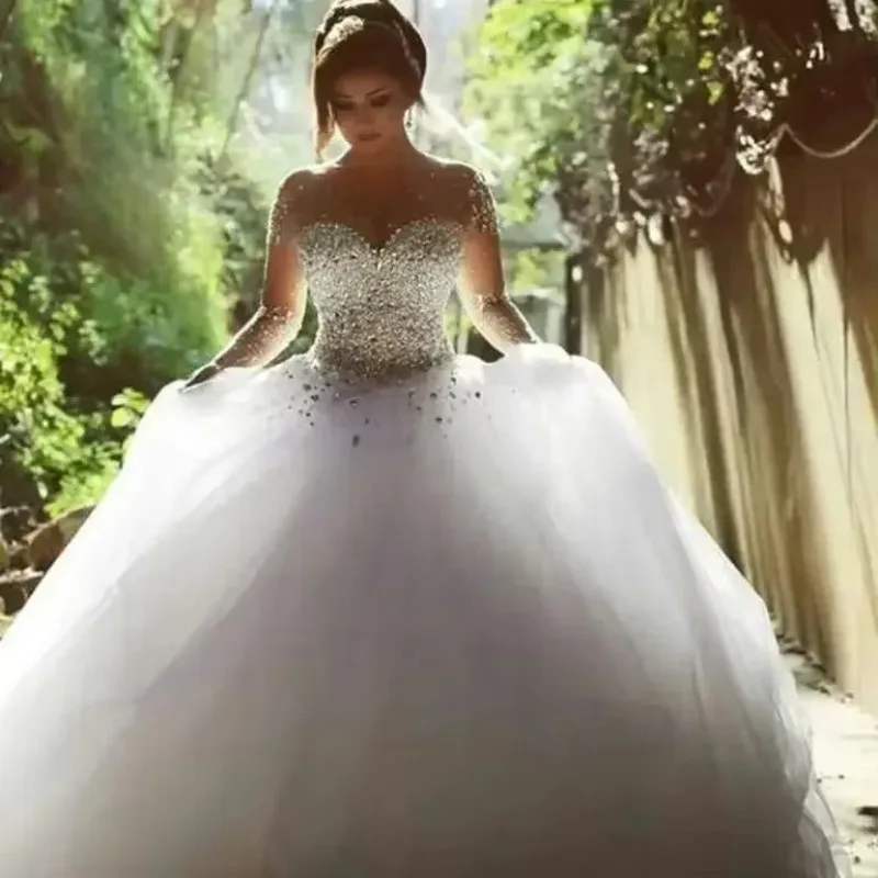 Customized Vestidos De Novia Best Selling Ball Gown Wedding Dresses Sheer Long Sleeves Beading Pearls Crystals Princess Bridal G
