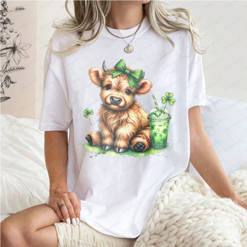 

Футболки с тематикой Дня Святого Патрика, милая футболка с изображением высокогорной коровы и клевера, повседневная одежда, женские хлопковые футболки с короткими рукавами, топы Ropa Mujer