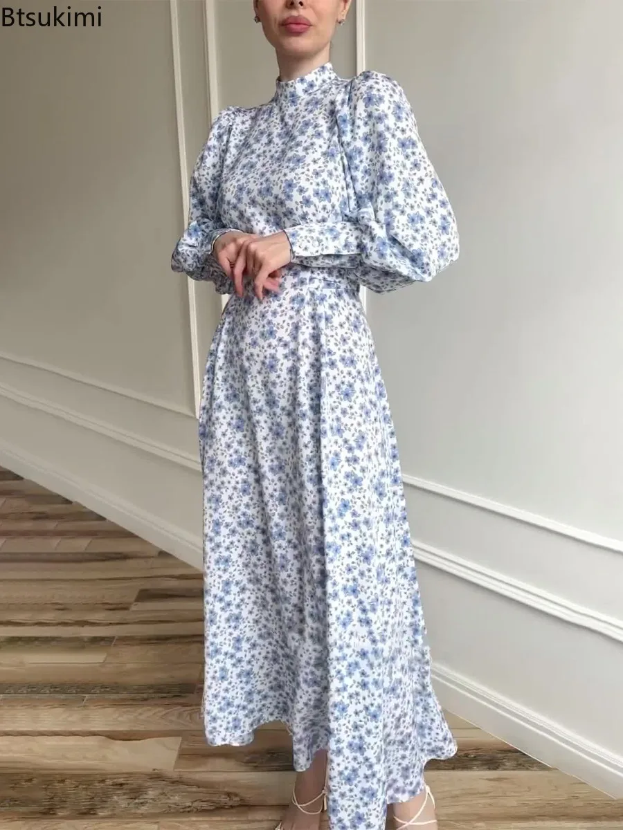 春のファッション スリム 花柄プリント マキシ丈ワンピース レディース エレガント レースアップ モックカラー 長袖 サテンワンピース パーティー ローブ ドレス