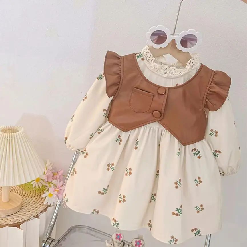 新生児の女の子用ドレス服-2025年秋-カジュアルプリント-長袖ドレス-女の子用-ベビー幼児服-幼児用ドレス