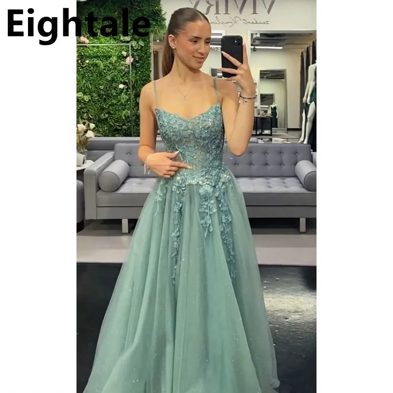 

Eightale Customized 2025 Spaghetti Straps A Line Evening Dresses For Wedding Party Lace Appliques Prom Dress Party Gown