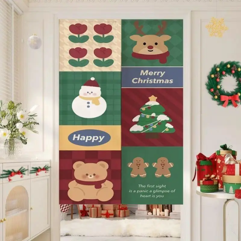 VIKAMA Christmas Collage Animal Door Curtain Flower Reindeer Snowman Merry Xmas Pine Bear Gingerbread Scarlet Emerald Kitchen