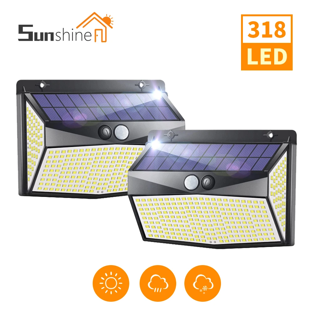 3 Mode Waterproof 318 LED Solar Motion Sensor Lights Outdoor Sunlight Solar Powered Street Wall Lamp for Garden Decoration