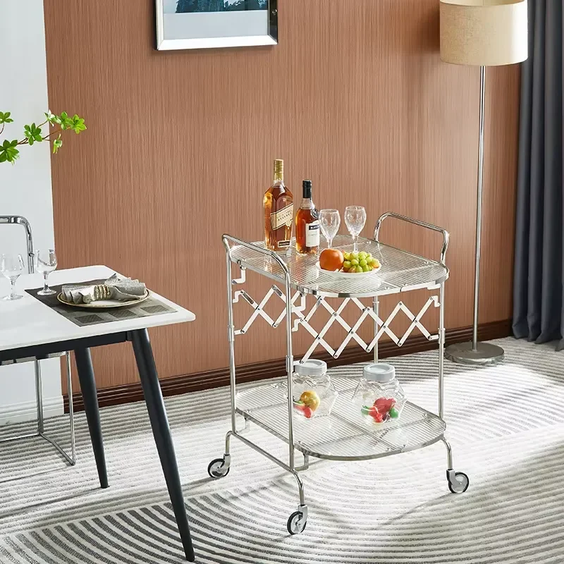 Fashion Rolling Wheel Storage Rack Glass Shelf Coffee Table Cart Folding Hotel Food Service Hand Carts Trolley