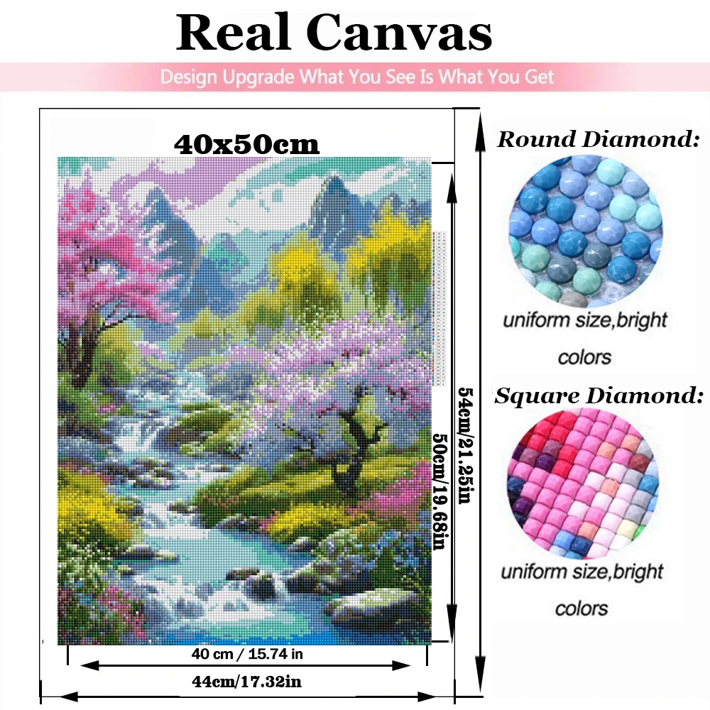 Spring Natural Scenery 5D Diy Diamond Painting Jewelry Cross Stitch Landscape Green Tree Creek Sakura Full Mosaic Art Rhinestone