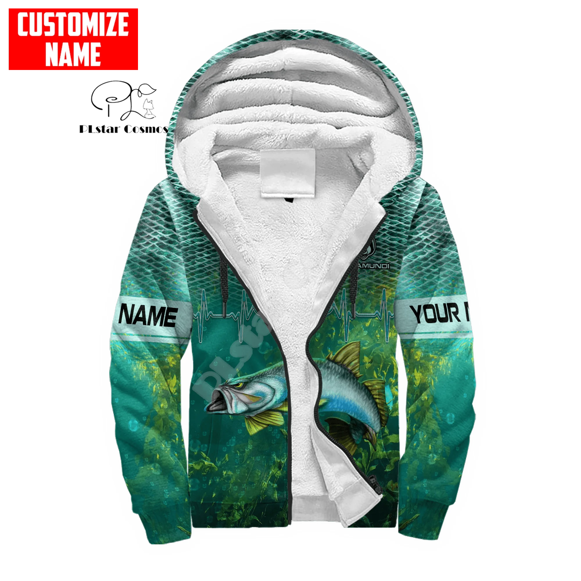 Custom Name Animal Bass Walleye Fishing Camo Vintage Retro 3DPrint Harajuku Casual Winter Thicker Fleece Zipper Hoodies Jacket 0