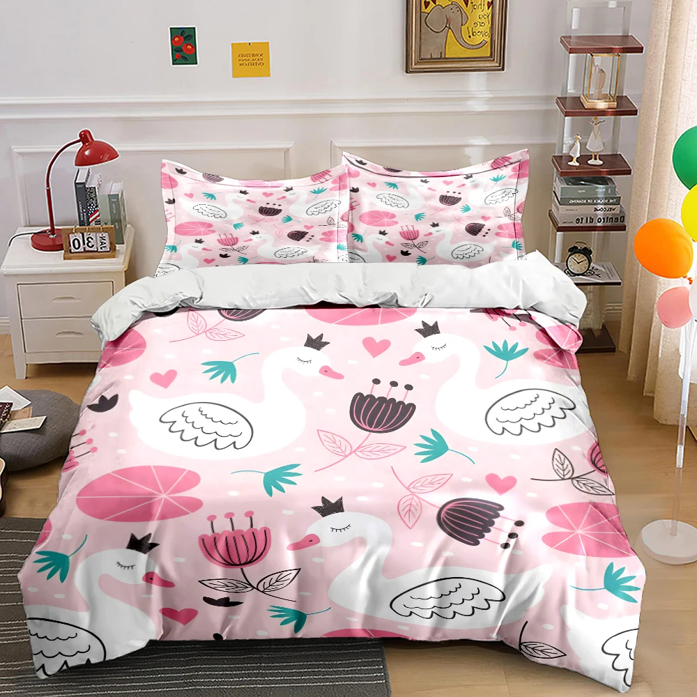 Swans and flowers on pink background Print Bedding Set 1 Duvet Cover 2 Pillowcases for Adult and Children Luxury Gift Full Size