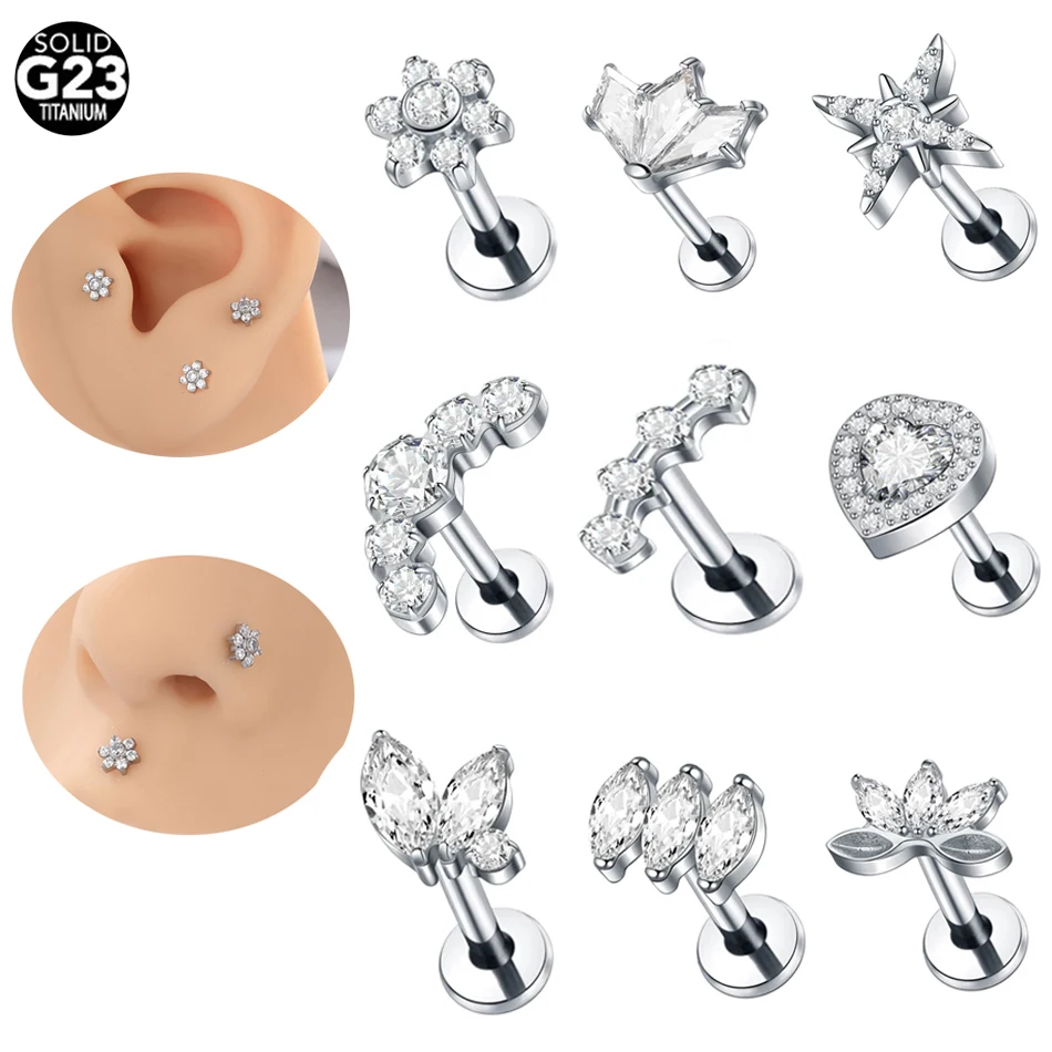 1Pc G23 Titanium Labret Piercing Lip Stud 16G Internally Threaded Zircon Crystal Earring Stud Tragus Helix Piercing Body Jewelry