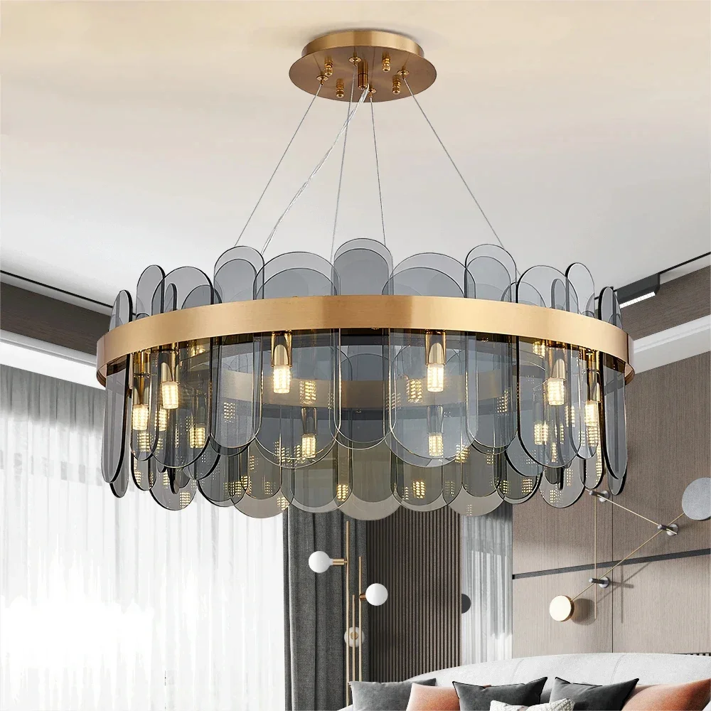 

Led Round Chandelier For Living Room Modern Smoky Gray Glass Lamp Luxury Home Decor Indoor Lighting Creative Kitchen Lustre