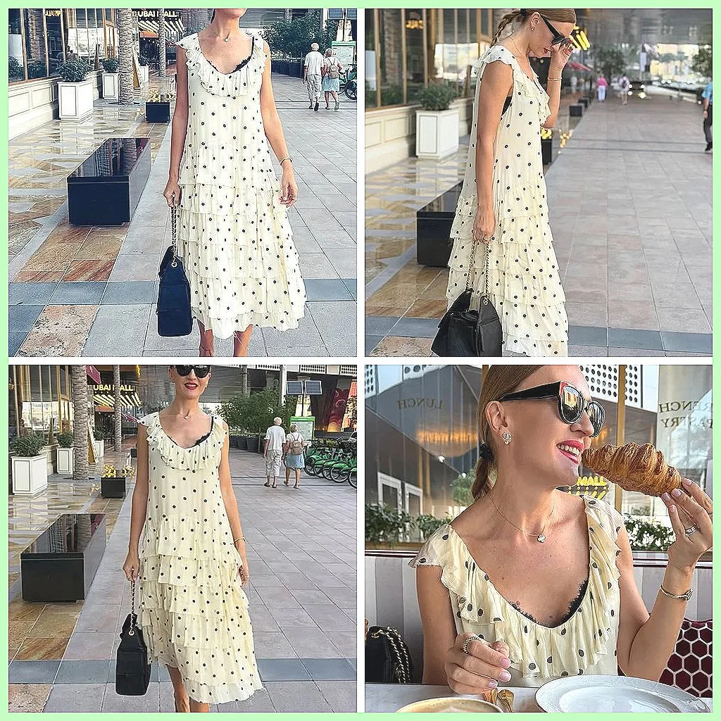 

Elegant Polka Dot Midi Dress for Women, V-Neck Sleeveless Summer Dress with Ruffles for Beach Holiday(74 characters)