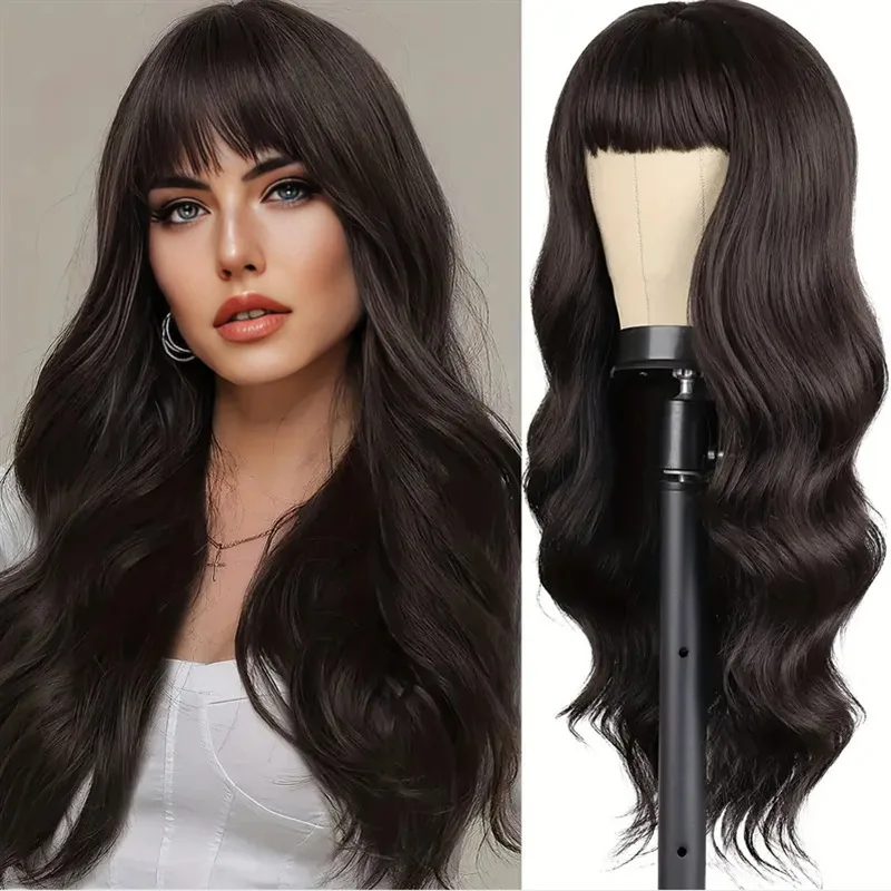 

New black dark brown big wave long curly hair trend fluffy synthetic high temperature silk mechanism full head wig
