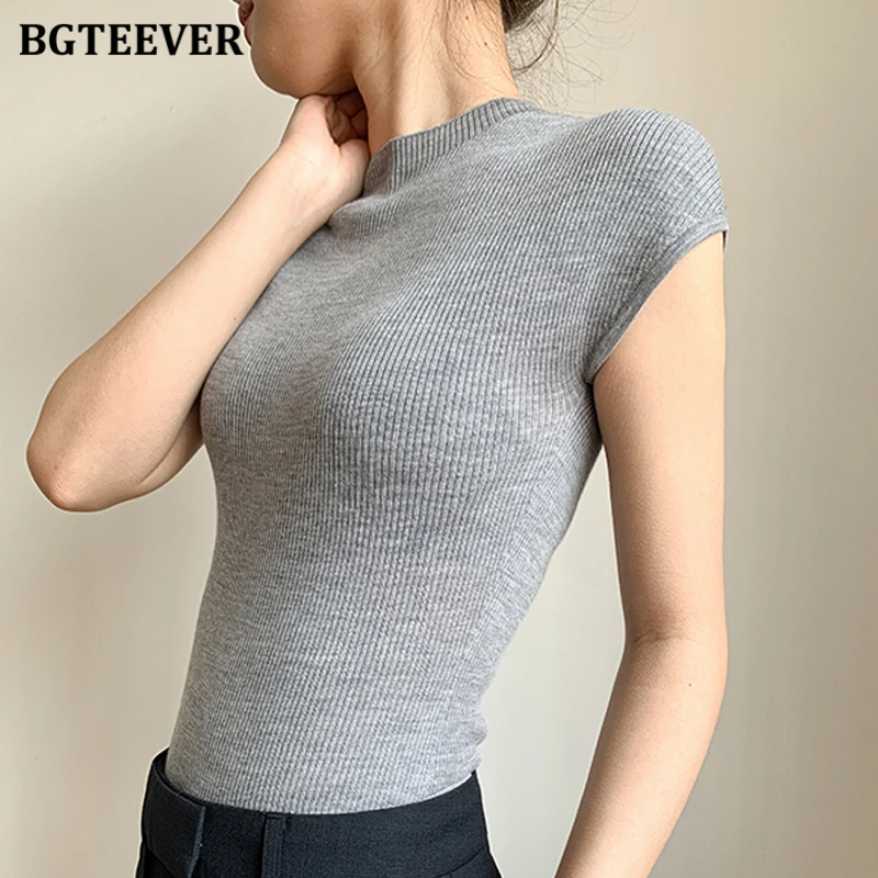 BGTEEVER estate elegante o-collo allungato FemaleT-camicie manica corta Slim donna pullover lavorati a maglia Tees Casual Ladies Tops