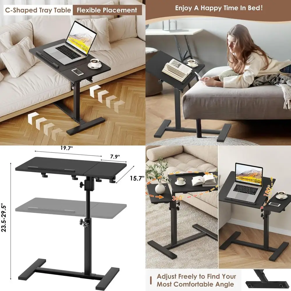

Adjustable Laptop Desk with Wheels for Couch, Mobile TV Tray, and Tiltable Top - Black