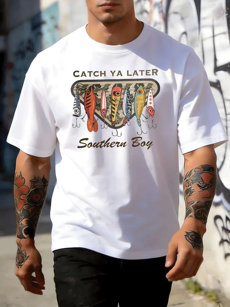 Mens Fisherman Short Sleeve Tee Vintage Fish Lure Southern Boy Print White Crew Loose Soft Outdoor Summer Daily Casual Wear Top
