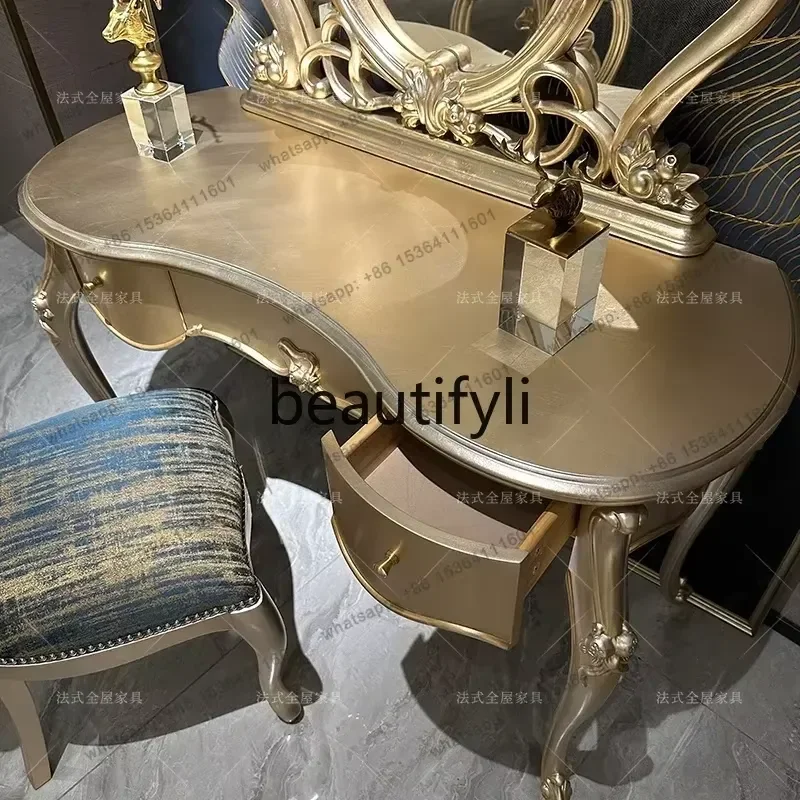 Factory Direct Gold Leaf Dressing Table European Court Wood Carving Flower Vanity for Master Bedroom