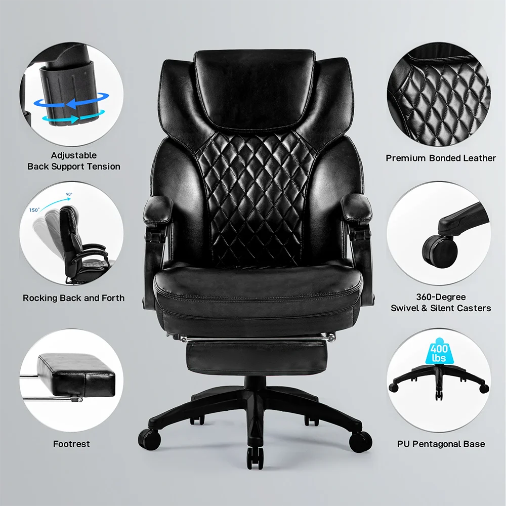 High Back Big & Tall 400lb Office Chair with Footrest Bonded Leather Ergonomic Executive Desk Computer Swivel Chair