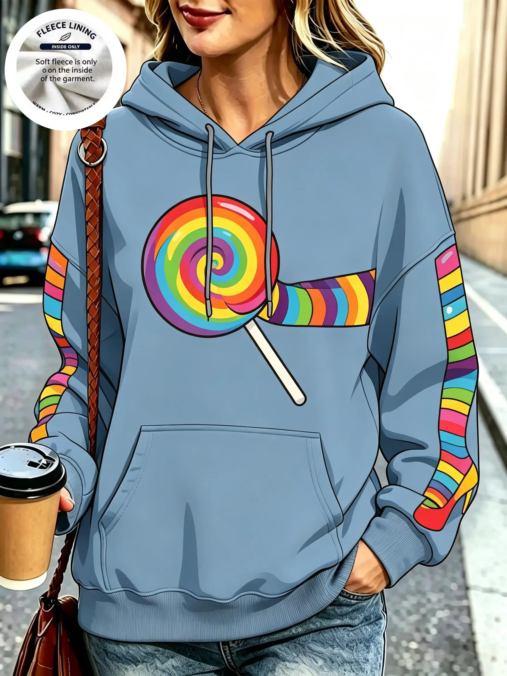 Cute Cartoon Graphic Fleece Hoodie Women Fun Animal Candy Pattern Long Sleeve Pullover