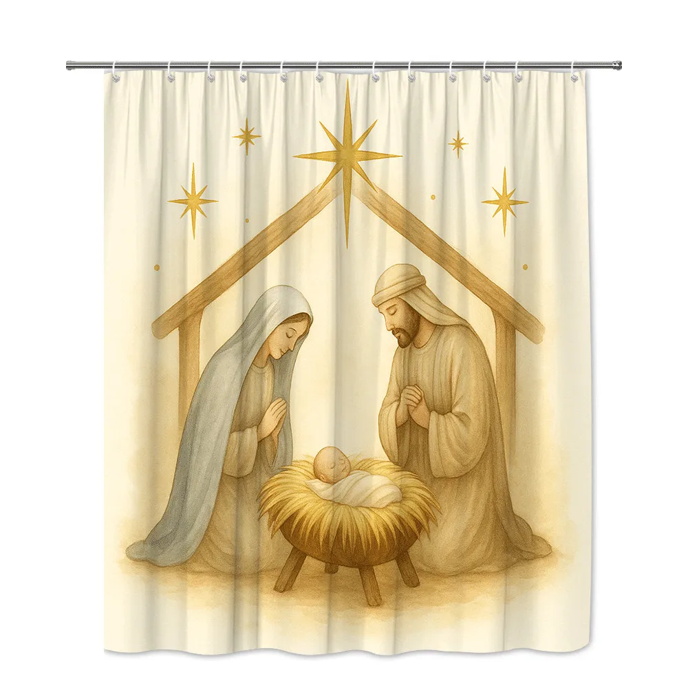 Christmas Nativity Scene Shower Curtain Holy Family Stable Star of Bethlehem Religious Decor Waterproof Free Hooks Included