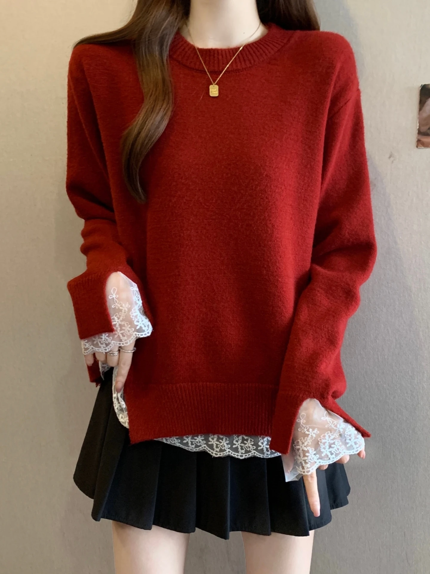 

Red Knitted Short Sleeve Lace Splice Base Shirt Women's Sweater Spring Autumn plus Size Slimming Inner Wear Korean Style