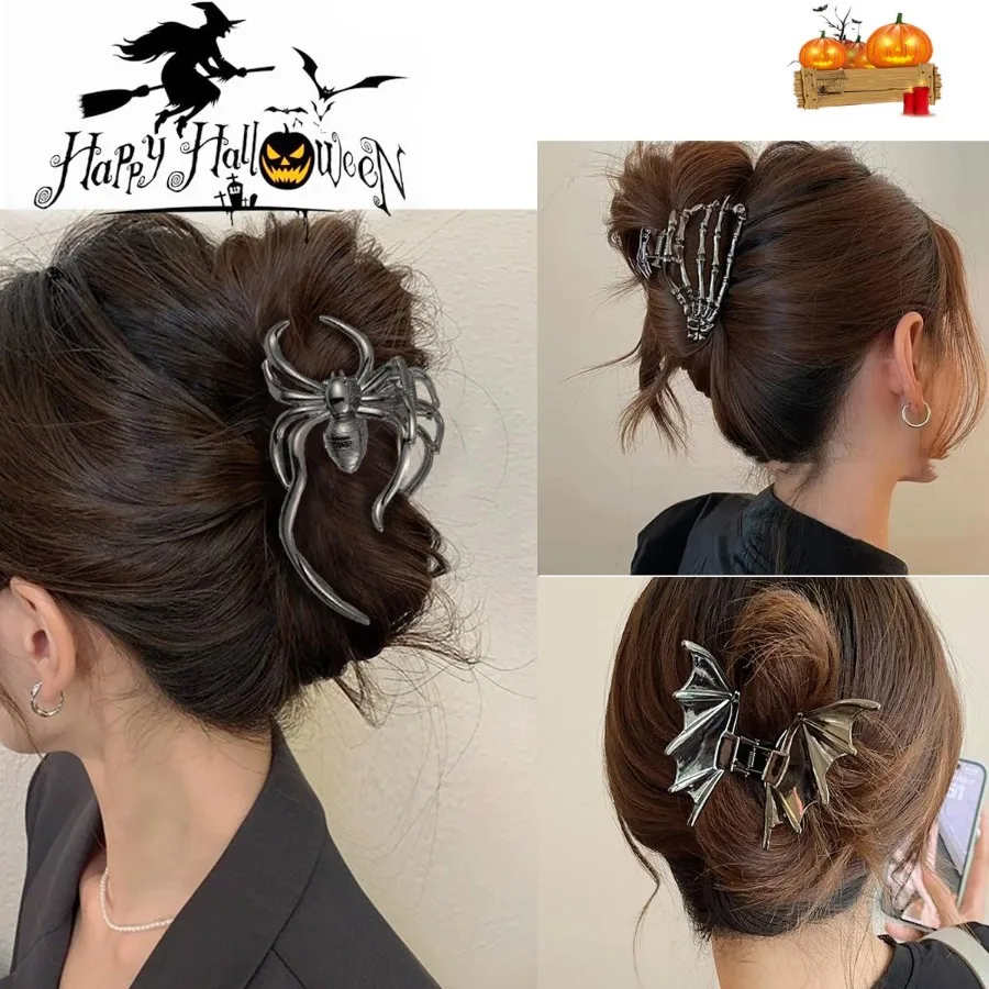 3 قطع كبيرة معدنية العنكبوت صافي الخفافيش اليد مشبك شعر مقاطع للنساء والفتيات سميكة طويلة الشعر نونسليب الهيكل العظمي مخيف باريت H #2