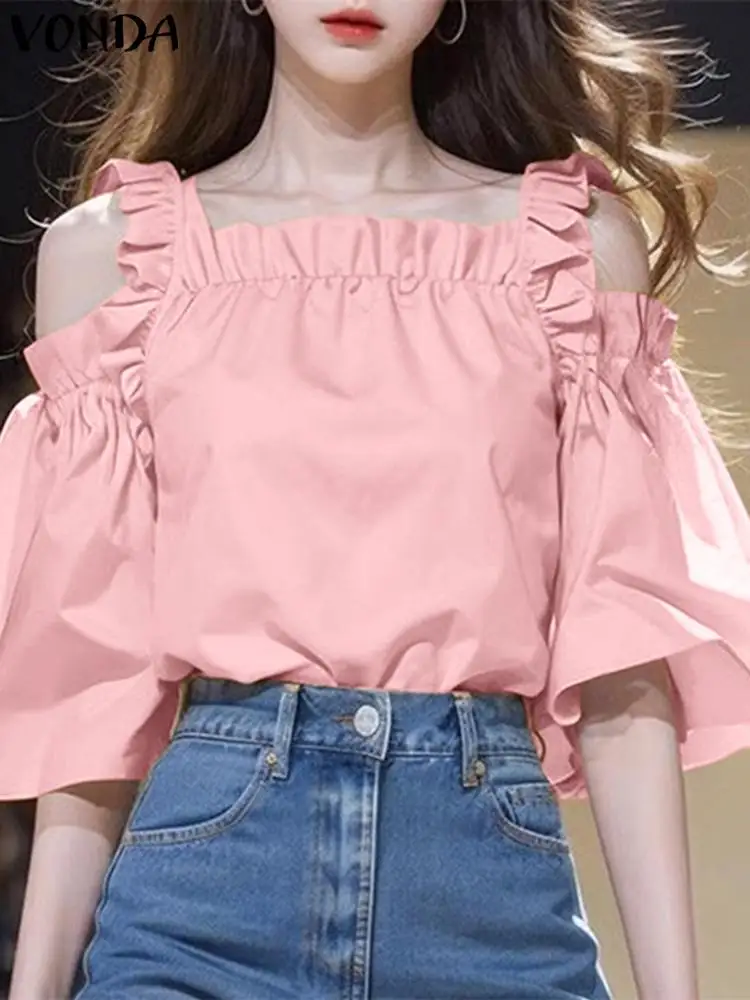 فوندا بلوزة نسائية كبيرة الحجم 2025 صيفية بدون أكتاف تانك القمم موضة قمصان مكشكشة بلون القمم تونك بلوزة فضفاضة غير رسمية #3