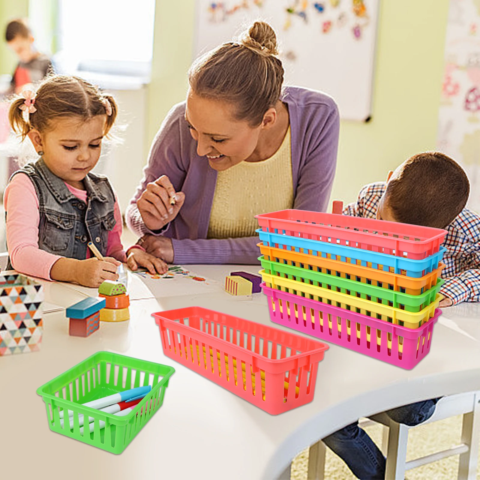 ULELE 10 Pcs Stationery Storage Baskets,Classroom Pen Basket Pencil Organiser Basket Trays Coloured Pencil Basket Plastic Pencil