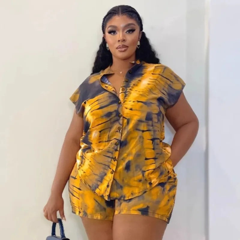 African Fashion 2 Piece Set Women Tie Dye Printed Shirt and Shorts Casual Loose Summer Vacation Beach Outfit for Ladies