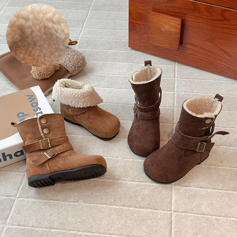 Brand Girl Boot 2025 Autumn New Retro Girl Shoe Foldable Stacked Boot with Velvet Warm Child Boots Mid Top Women Boot Botas Niña