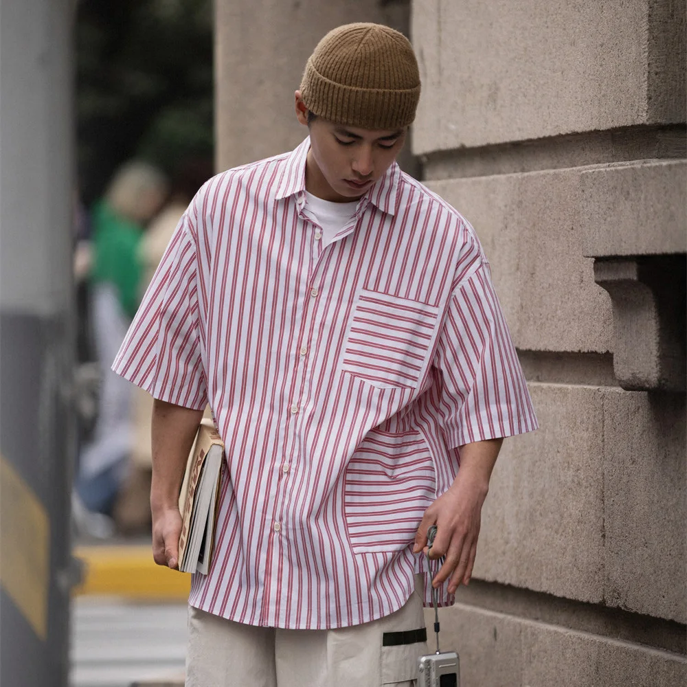 Japanese Korean Streetwear Cityboy Summer Stripe Shirt Men Multi-Pocket Campus Boys Loose Casual Short Sleeve Shirts Tops