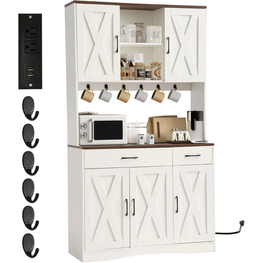 

Kitchen Pantry Cabinet with Charging Station, 71 Tall Hutch Pantry Cabinet w/ 2 Drawers and 6 Hooks, Farmhouse Food Storage Cabi