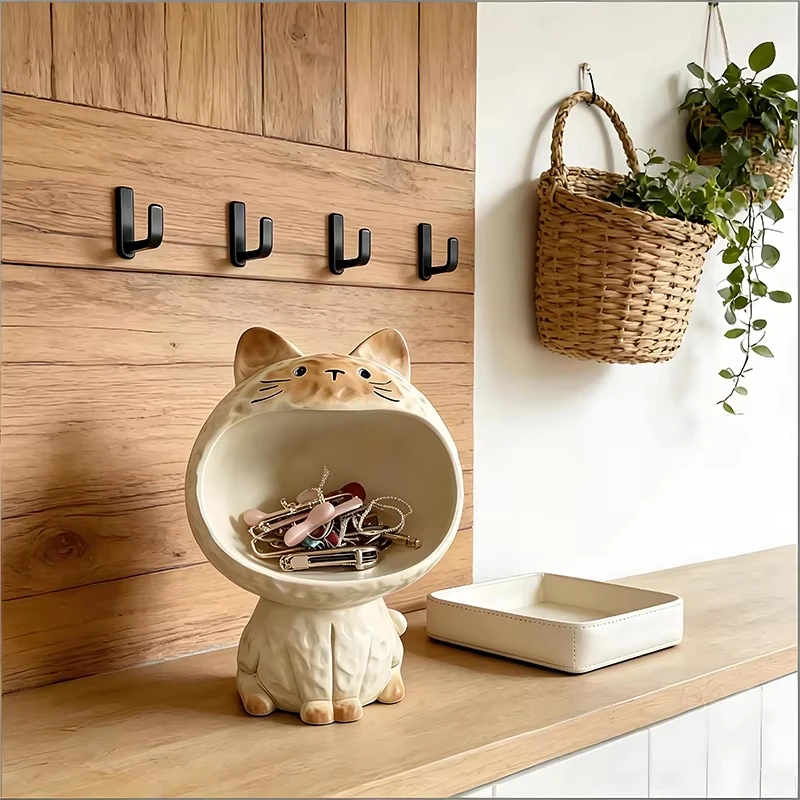 Multi functional ceramic cartoon storage box, cute cat ceramic desktop storage box, office home decoration