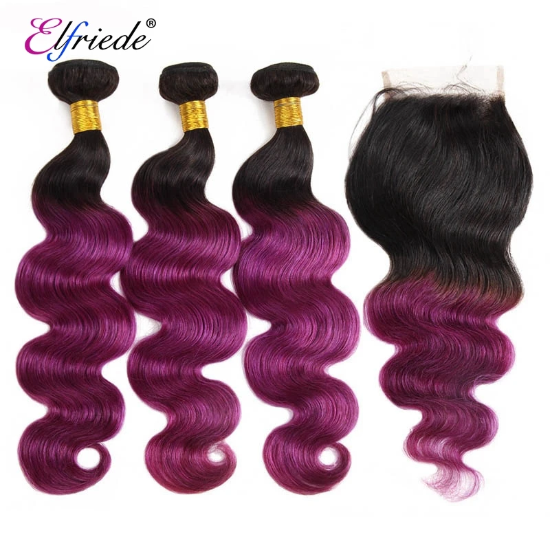 Elfriade-extensiones de cabello humano ondulado, accesorio capilar de color morado oscuro, 100% Remy, 3 mechones con cierre de encaje, 4x4, # 1B