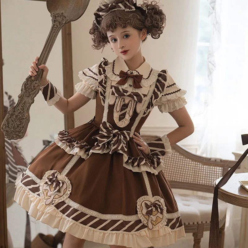 French Sweet Chocolate Lolita Jsk Sling Dress Women Sweet Lace Ruffles Victorian Gothic Bow Princess Dress